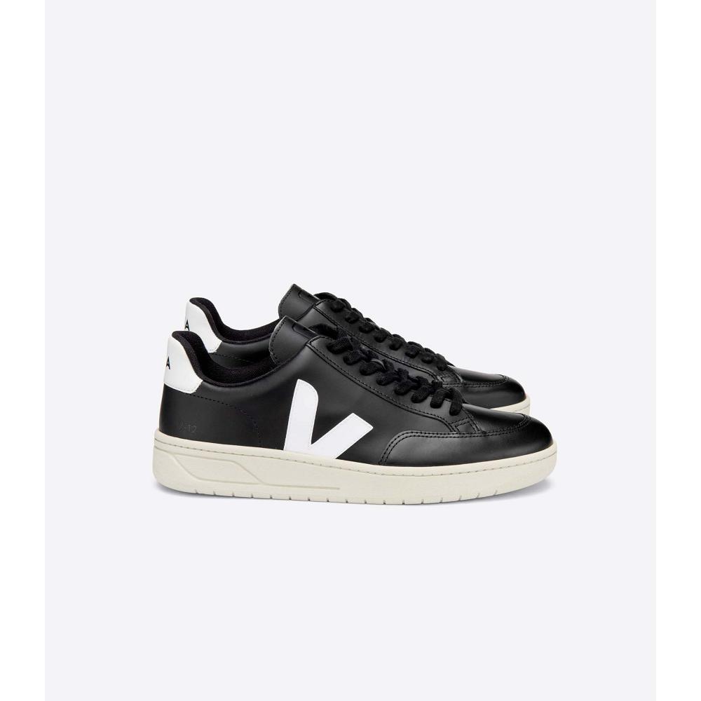 Veja V-12 LEATHER Tornacipő Női Black/White | HU 666VRW